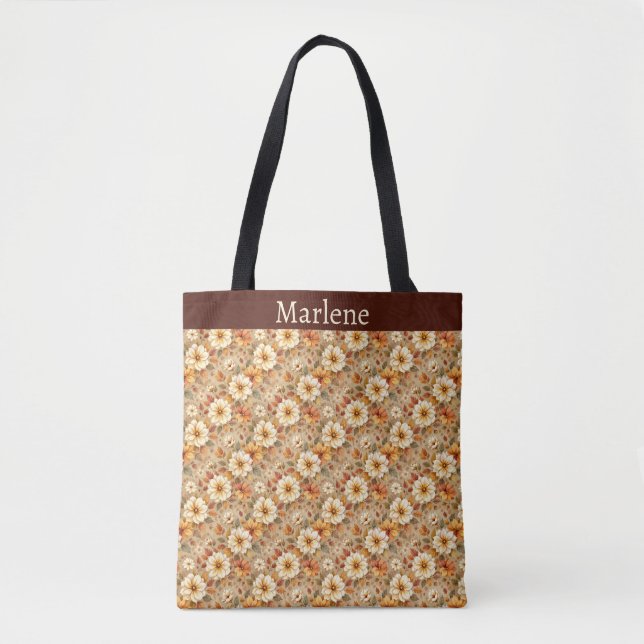 Ivory and Gold Fall Flowers and Leaves Tote Bag (Front)