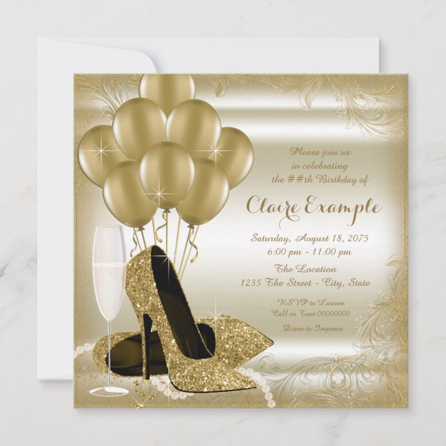 Ivory and Gold Glitter Womans Birthday Party Invitation (Front)