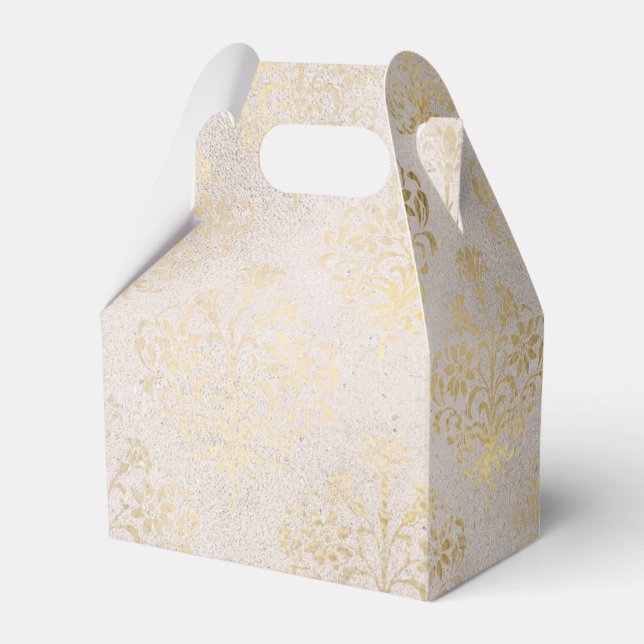 Ivory and Gold Grunge Distressed Damask Favour Box (Front Side)