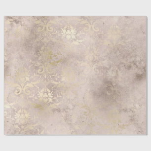Ivory and Gold Grunge Distressed Damask Wrapping Paper