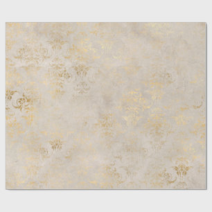 Ivory and Gold Grunge Vintage Damask Wrapping Paper