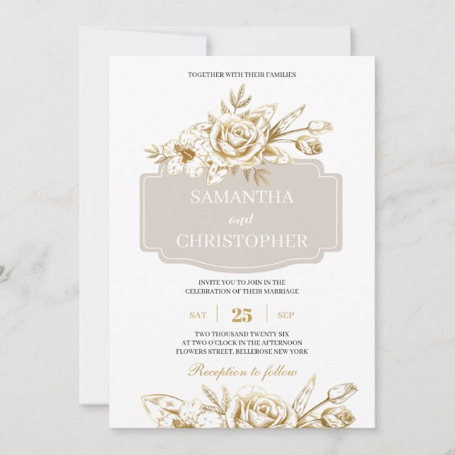 Ivory and gold roses rustic chic wedding invitation (Front)