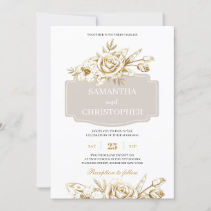 Ivory and gold roses rustic chic wedding invitation