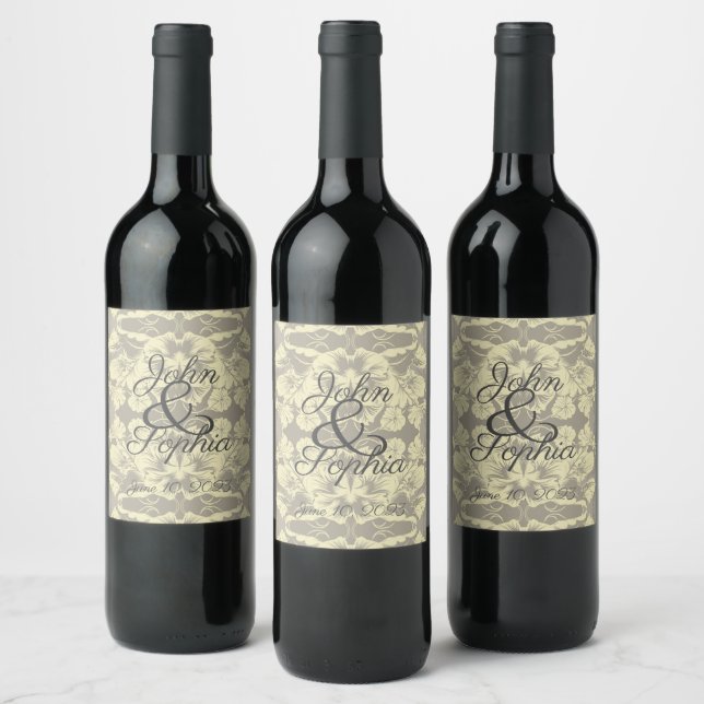 Ivory and Grey Floral Wedding Wine Labels (Bottles)