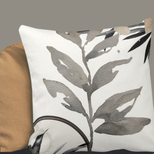 Ivory and Grey Watercolor Leaves Hummingbird Cushion