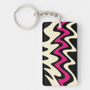 Ivory and Hot Pink Wavy Stripes Key Ring