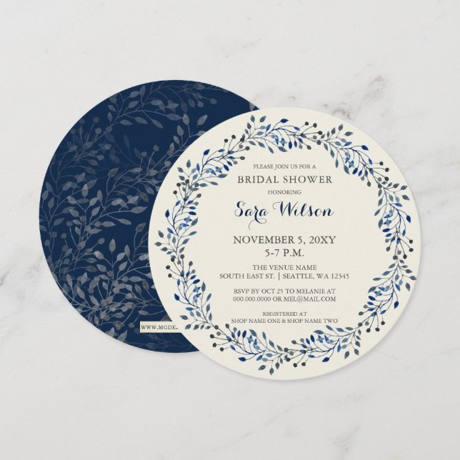 Ivory and Navy Floral Bridal Shower Invitations (Front/Back)
