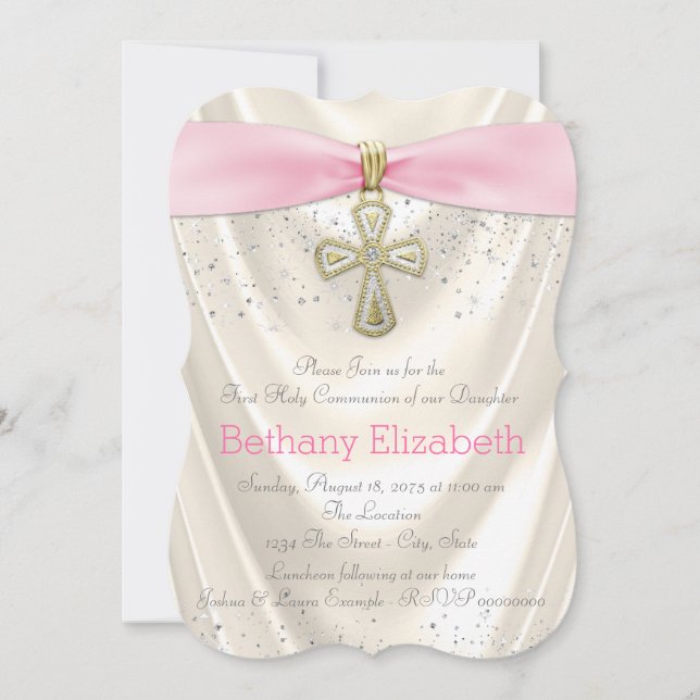Ivory and Pink Cross First Communion Satin Glitter Invitation (Front)