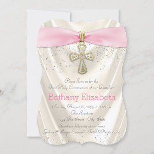 Ivory and Pink Cross First Communion Satin Glitter Invitation