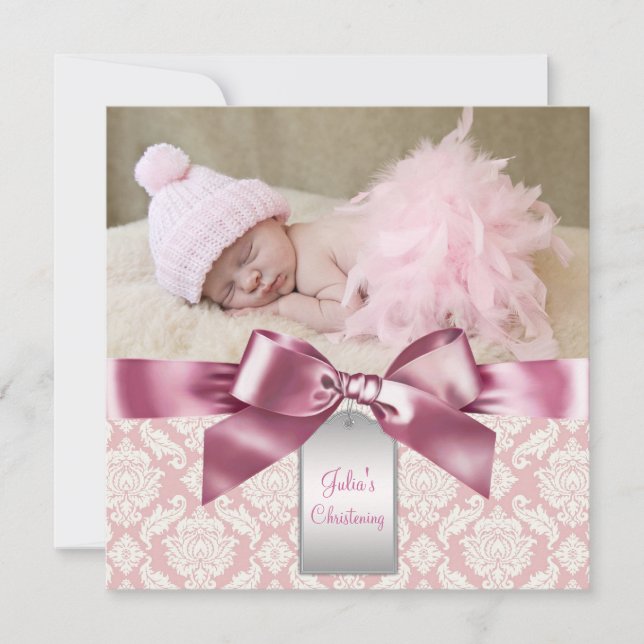 Ivory and Pink Damask Baby Girl Photo Christening Invitation (Front)