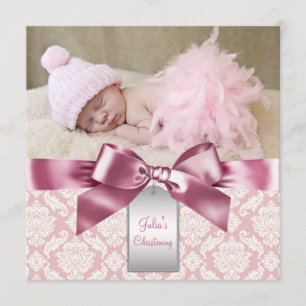 Ivory and Pink Damask Baby Girl Photo Christening Invitation