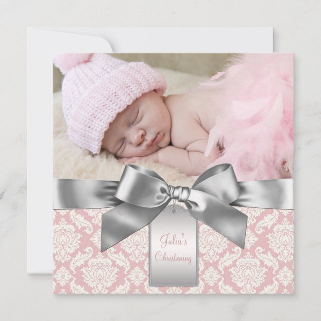 Ivory and Pink Damask Baby Girl Photo Christening Invitation (Front)