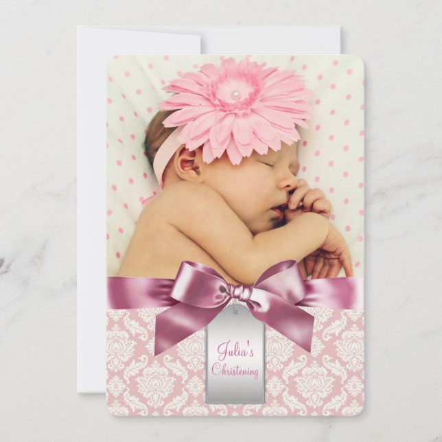 Ivory and Pink Damask Baby Girl Photo Christening Invitation (Front)
