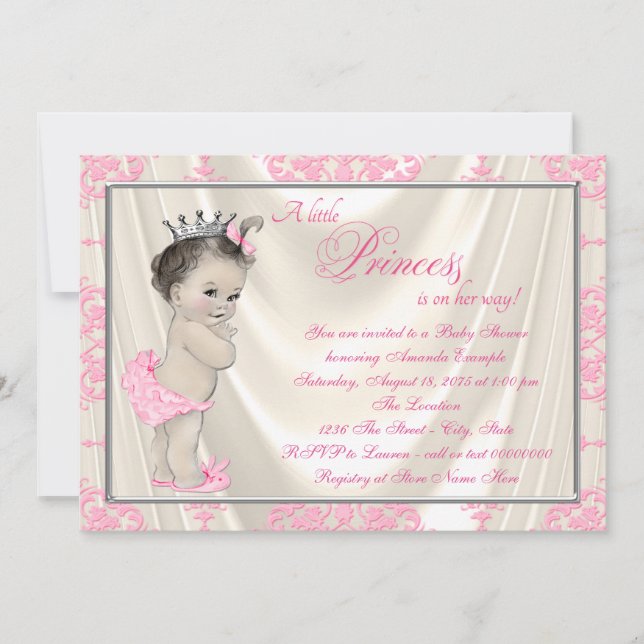 Ivory and Pink Damask Baby Shower Satin Invitation (Front)