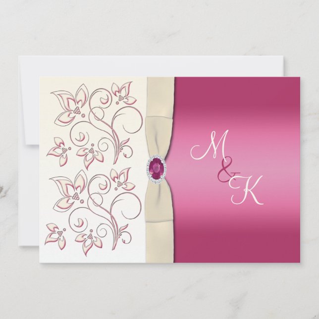 Ivory and Pink Monogrammed Wedding Invitation (Front)