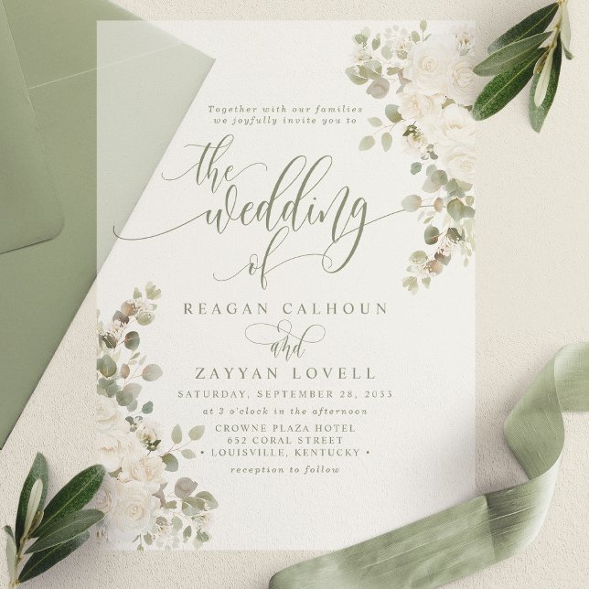 Ivory And Sage Chic Script Elegant Floral Wedding Vellum Invitations (Creator Uploaded)