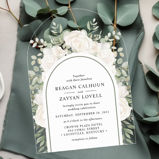 Ivory And Sage Elegant Arch Floral Wedding Acrylic Invitations (Creator Uploaded)