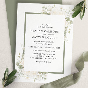 Ivory And Sage Elegant Floral Frame Wedding Invitation