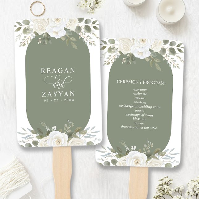Ivory And Sage Elegant Floral Wedding Program Hand Fan (Creator Uploaded)