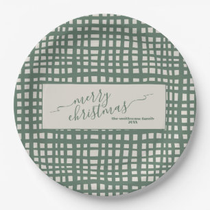 Ivory and sage green checkered Christmas Paper Plate