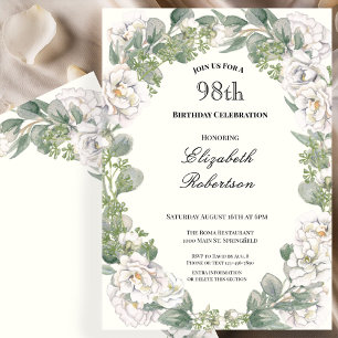 Ivory and Sage Green Floral 98th Birthday Invitation