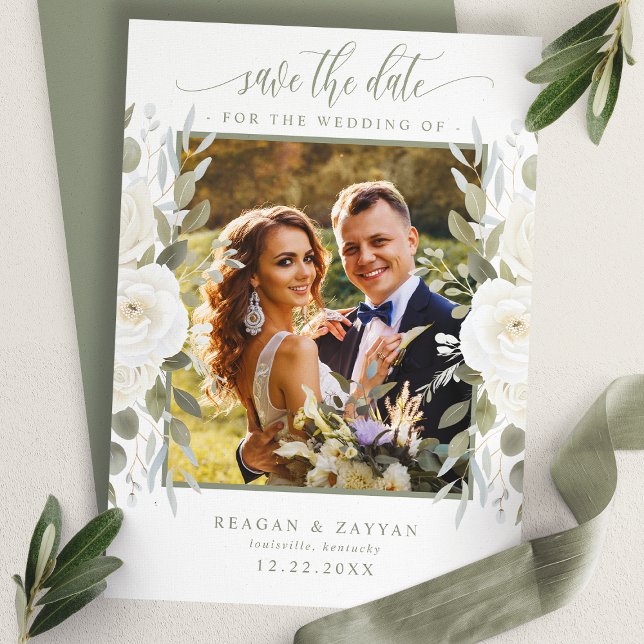 Ivory And Sage Photo Floral Save The Date Card (Creator Uploaded)