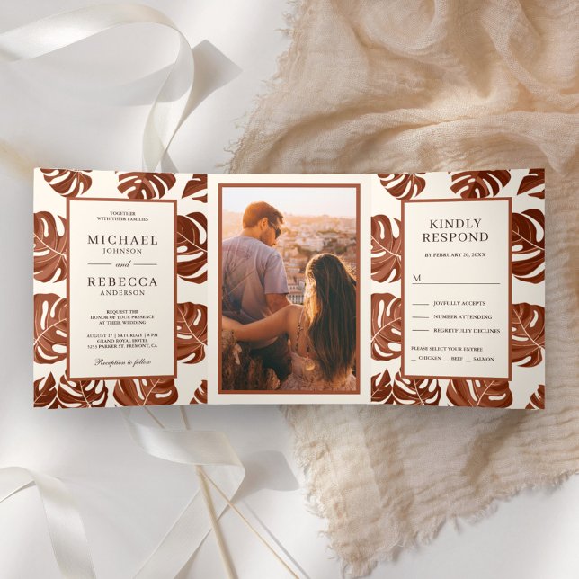 Ivory and Terracotta Monstera Leaves Photo Wedding Tri-Fold Invitation (Creator Uploaded)