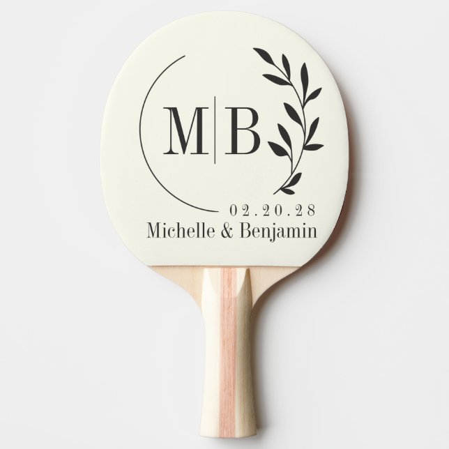Ivory and Warm Black Leaf Wedding Monogram Ping Pong Paddle (Front)