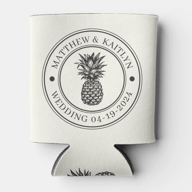 Ivory and Warm Black Pineapple Wedding Crest &Name Can Cooler (Front)