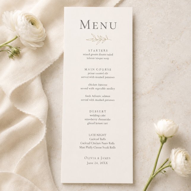 Ivory & Antique Gold Botanical Wedding Menu Card (Ivory & Antique Gold Botanical Wedding Menu Card on an elegant marble table with white flowers)