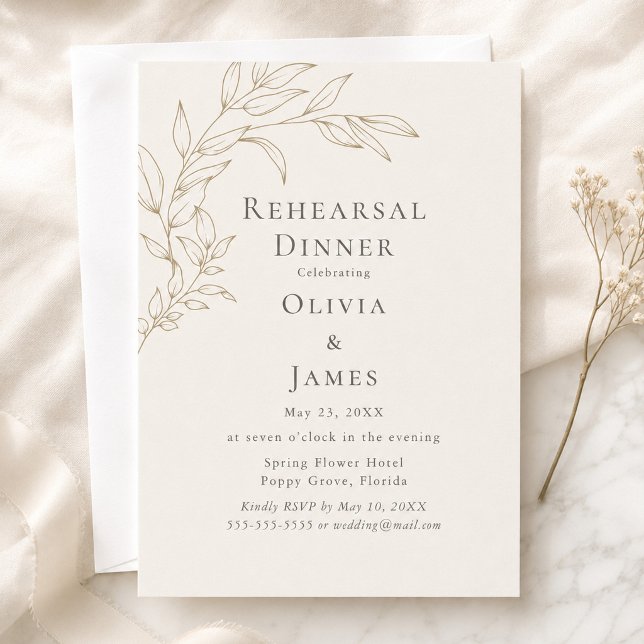 Ivory & Antique Gold Rehearsal Dinner Invitation (Ivory & Antique Gold Rehearsal Dinner Invitation on an elegant table with tiny flowers)