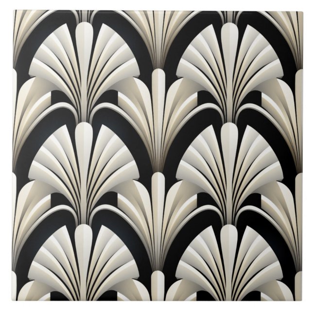 Ivory Art Deco Folded Fan Effect on Black Tile (The complete printed Art Deco tile design. Tiles sold individually.)