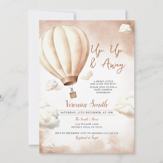 Ivory Baby Shower Hot Air Balloon, Up Up and Away Invitation (Front)