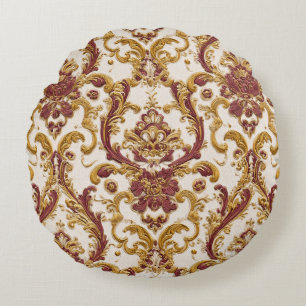 Ivory Baroque Ornament with Gold and Burgundy Round Cushion