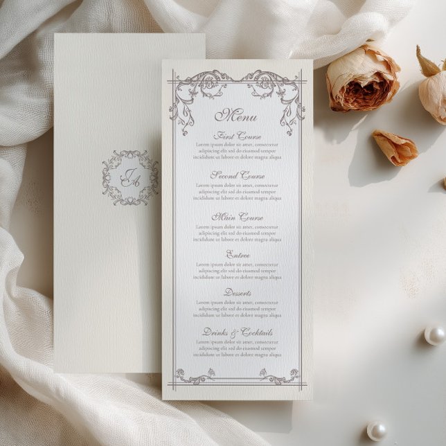 Ivory Baroque Wedding Menu Card with Monogram (Creator Uploaded)