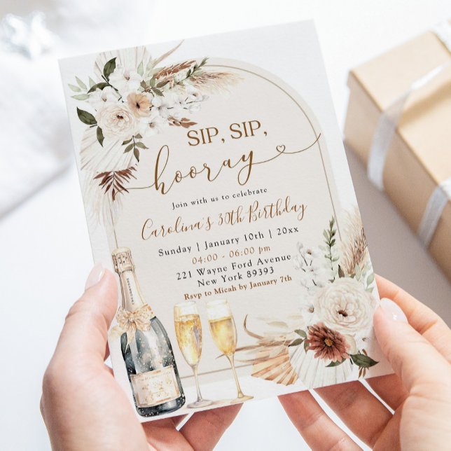 Ivory Beige Boho Floral Sip Sip Hooray Birthday Invitation (Creator Uploaded)