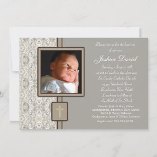 Ivory Beige Boy Photo Christening Invitation