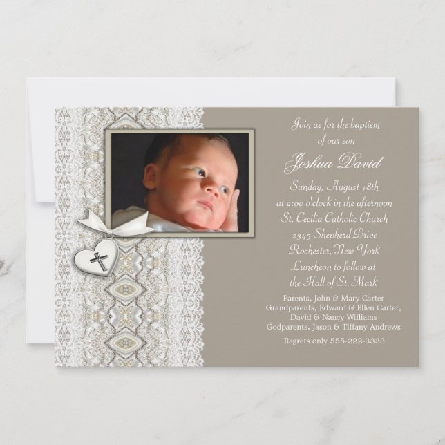 Ivory Beige Boy Photo Christening Invitation (Front)
