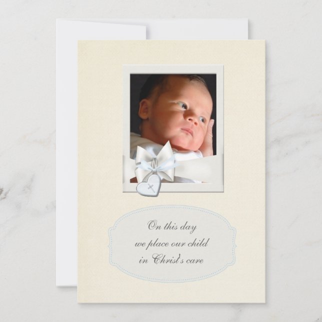 Ivory Beige Boy Photo Christening Invitations (Front)