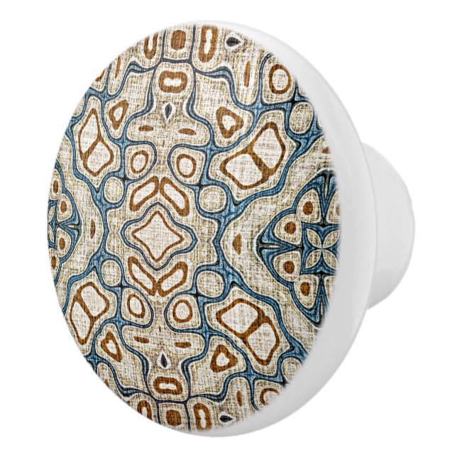 Ivory Beige Brown Ochre Teal Blue Ethnic Tribe Art Ceramic Knob (Right)