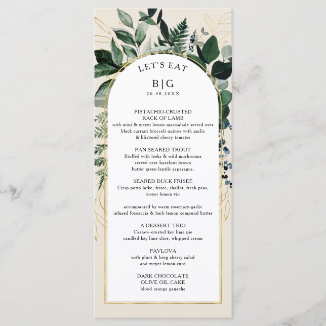 Ivory beige elegant Modern botanic arch wedding Me Menu (Front)