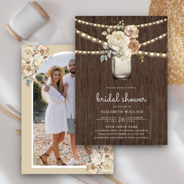Ivory Beige Floral Mason Jar Photo Bridal Shower Invitation (Creator Uploaded)