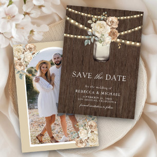 Ivory Beige Floral Mason Jar Photo Wedding Save The Date