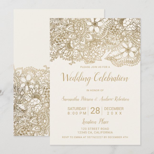Ivory beige gold floral typography chic wedding invitation (Front/Back)