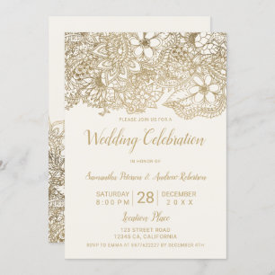 Ivory beige gold floral typography chic wedding invitation
