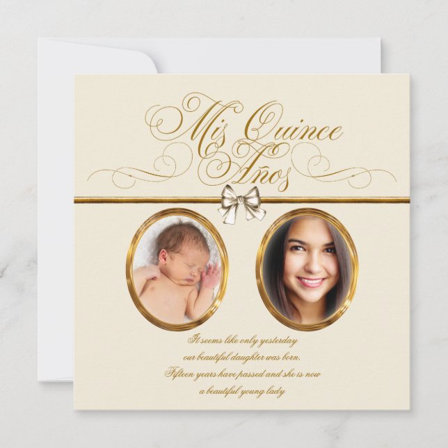 Ivory Beige Gold Photo Quinceanera Invitation (Front)