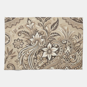 Ivory Beige Indonesian Batik Floral Boho Rustic Tea Towel