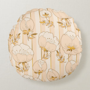 Ivory Beige: Luxury Floral Pattern. Round Cushion