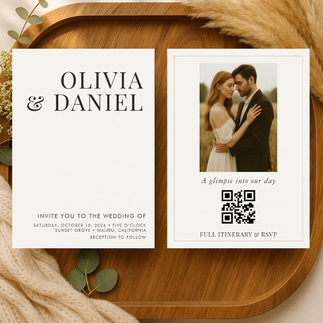 Ivory Beige Minimalist Photo QR Code Wedding Invitation (Creator Uploaded)