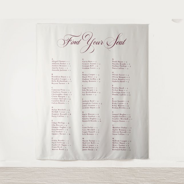 Ivory Black Alphabetical Wedding Seating Chart Tapestry (Front)